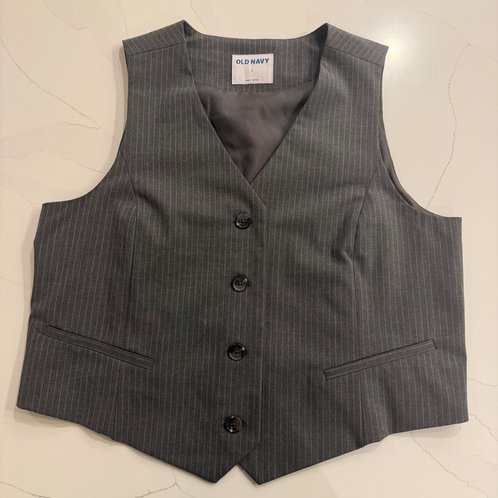 Old Navy Gray Pinstripe Button Front Waistcoat Vest Large V-Neck Lined